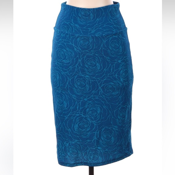 LuLaRoe Vintage Scribble Roses Blue Floral Pull On Cassie Pencil Skirt Size XS - Picture 2 of 5